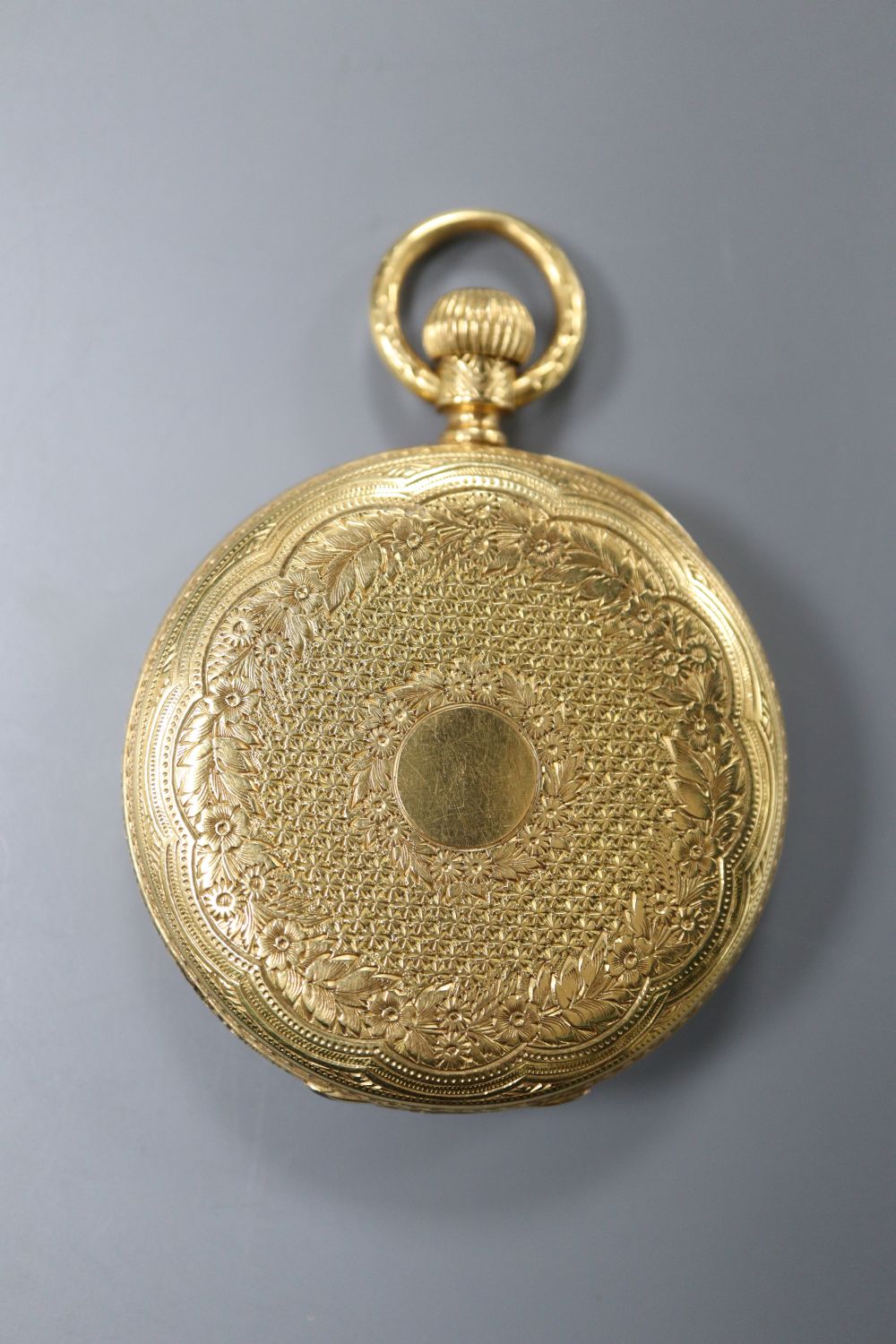 A Victorian 18ct gold open face keyless lever pocket watch, by P. Blackhurst, Crewe, diameter 43mm, gross 67.1 grams.